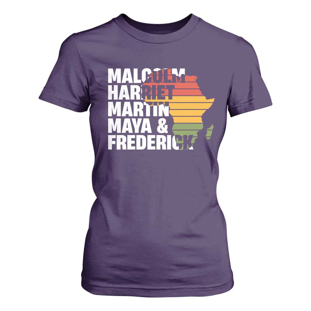 Black Leaders T Shirt For Women Malcolm Harriet Martin Maya Frederick Africa Map