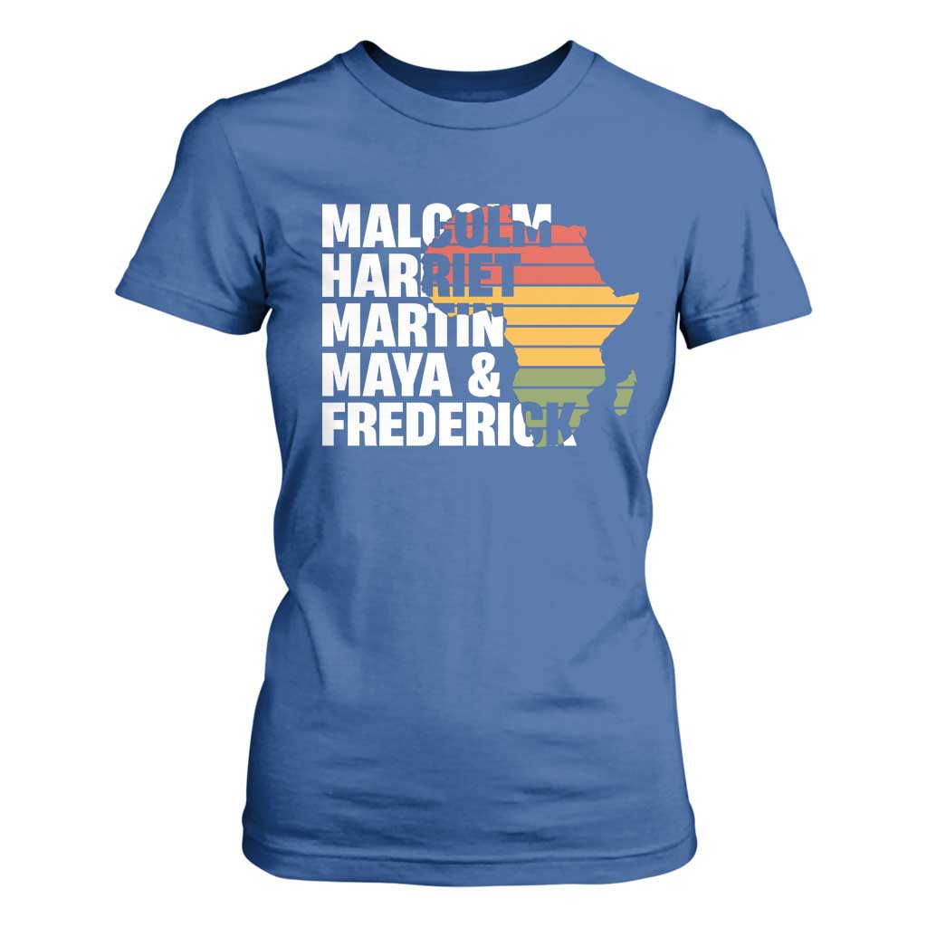 Black Leaders T Shirt For Women Malcolm Harriet Martin Maya Frederick Africa Map