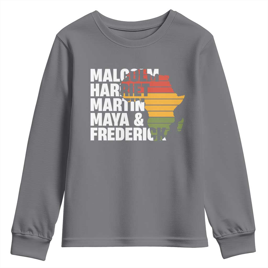 Black Leaders Youth Sweatshirt Malcolm Harriet Martin Maya Frederick Africa Map