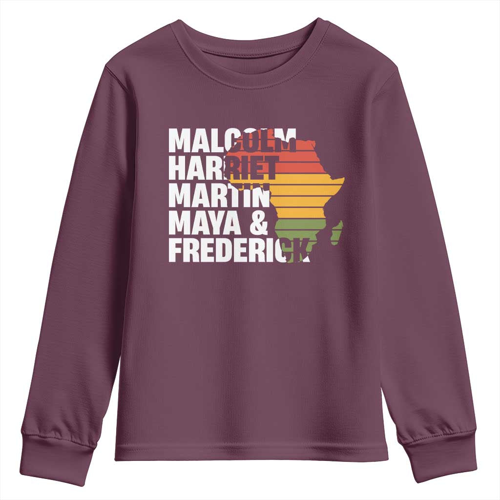 Black Leaders Youth Sweatshirt Malcolm Harriet Martin Maya Frederick Africa Map