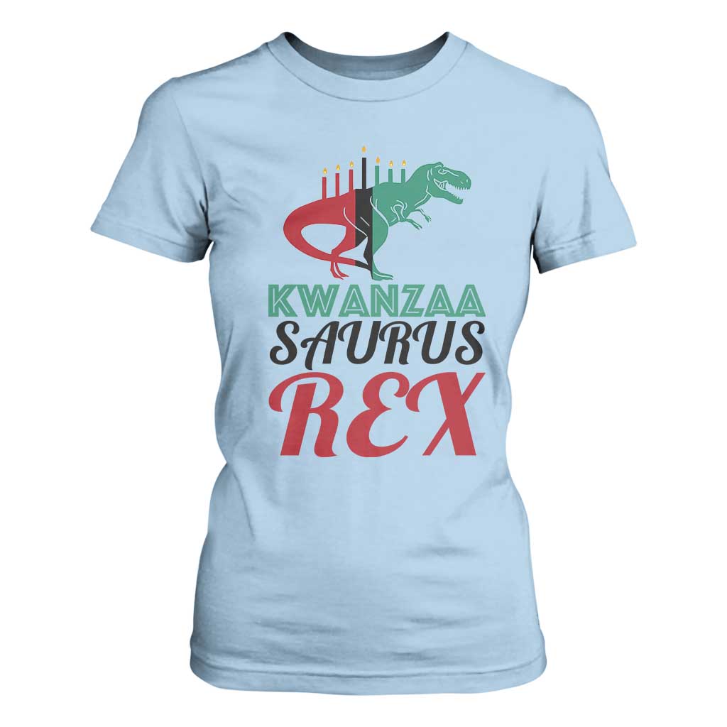 Kwanzaa Saurus Rex Kinara Candles Dinosaur T-rex African Heritage Holiday T Shirt For Women
