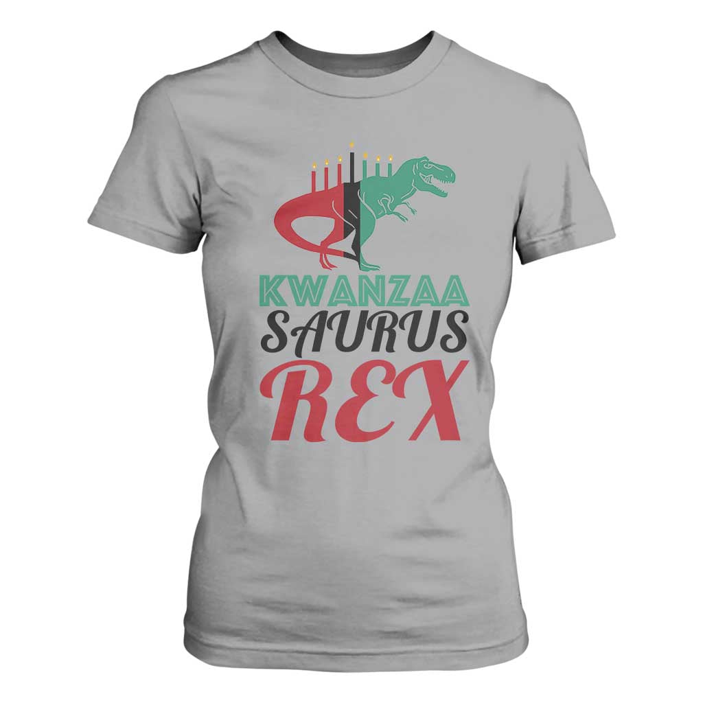 Kwanzaa Saurus Rex Kinara Candles Dinosaur T-rex African Heritage Holiday T Shirt For Women