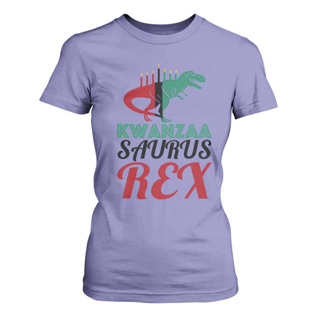 Kwanzaa Saurus Rex Kinara Candles Dinosaur T-rex African Heritage Holiday T Shirt For Women