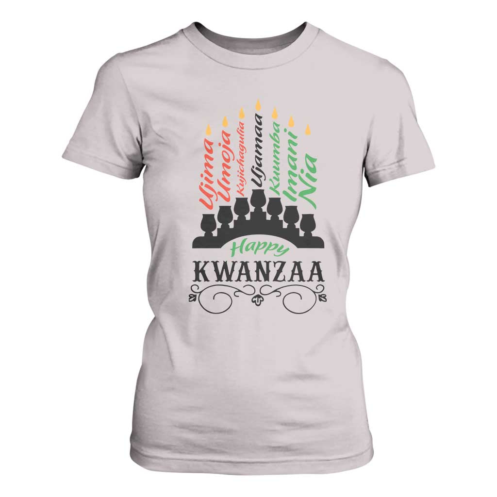 Happy Kwanzaa The 7 Principles African Nguzo Saba Kinara Candles African American Holiday T Shirt For Women