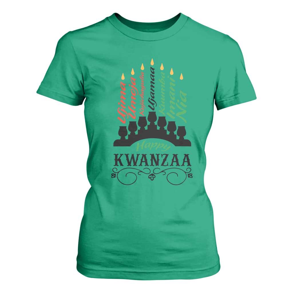 Happy Kwanzaa The 7 Principles African Nguzo Saba Kinara Candles African American Holiday T Shirt For Women