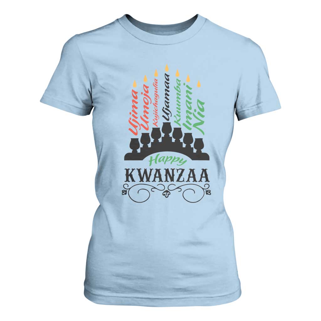 Happy Kwanzaa The 7 Principles African Nguzo Saba Kinara Candles African American Holiday T Shirt For Women