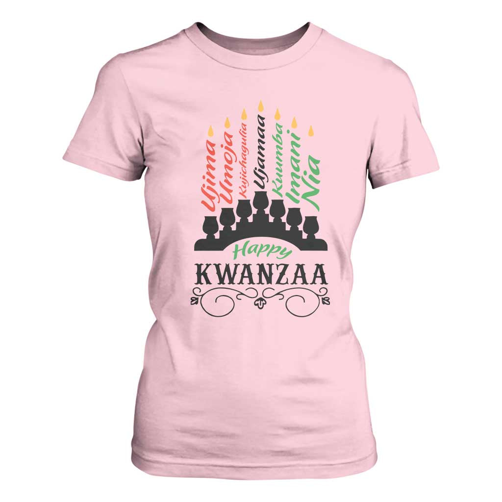 Happy Kwanzaa The 7 Principles African Nguzo Saba Kinara Candles African American Holiday T Shirt For Women
