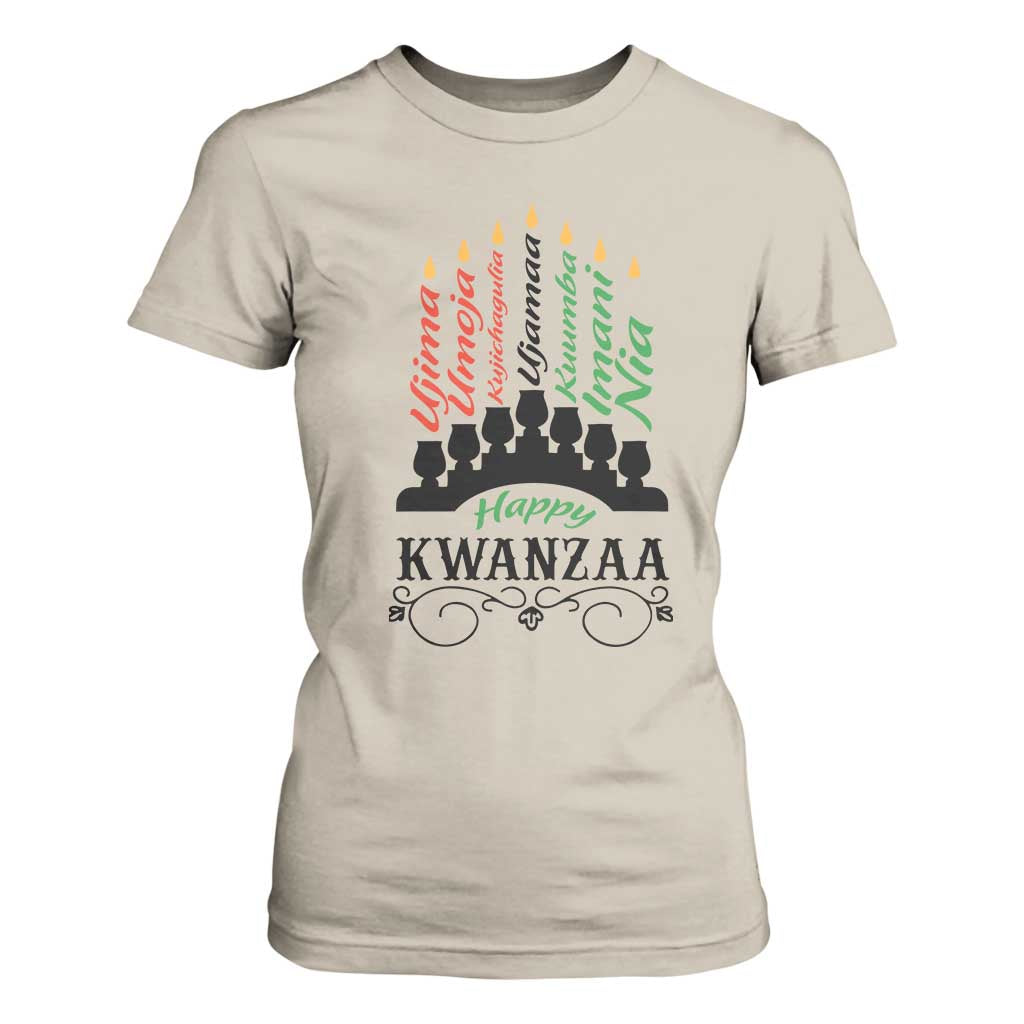 Happy Kwanzaa The 7 Principles African Nguzo Saba Kinara Candles African American Holiday T Shirt For Women