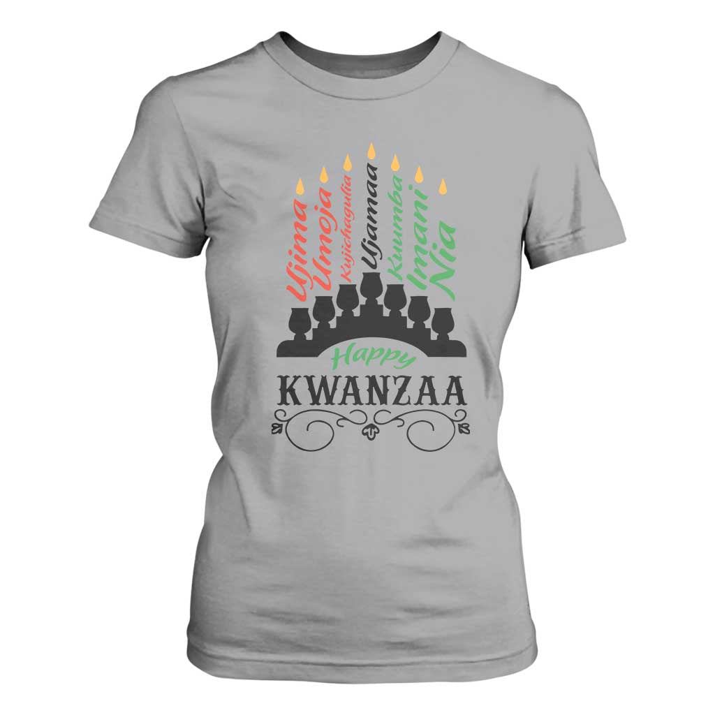 Happy Kwanzaa The 7 Principles African Nguzo Saba Kinara Candles African American Holiday T Shirt For Women