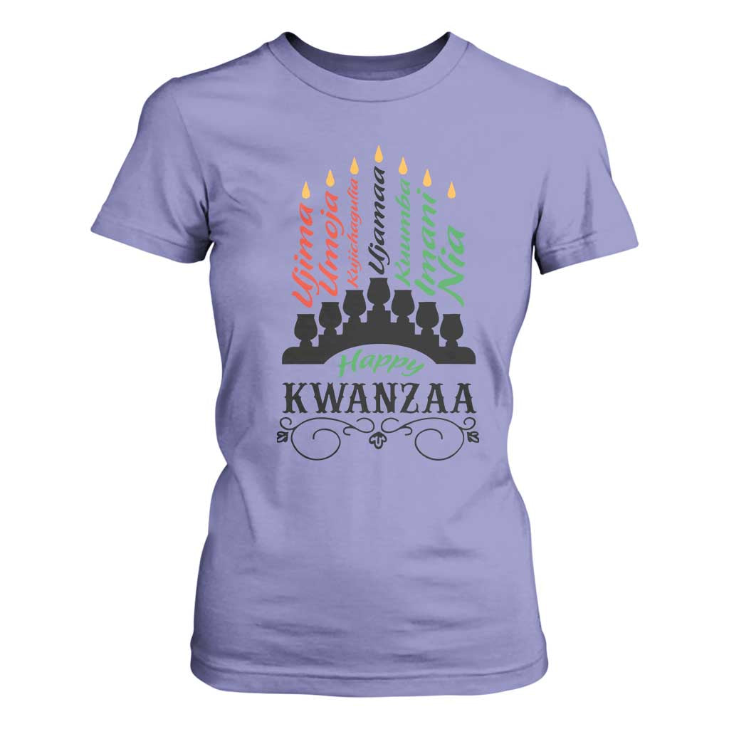 Happy Kwanzaa The 7 Principles African Nguzo Saba Kinara Candles African American Holiday T Shirt For Women