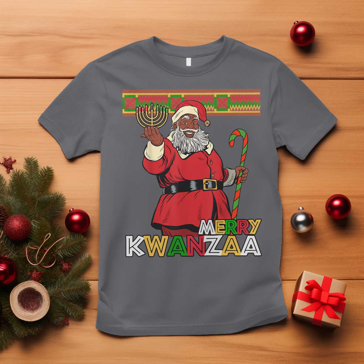 Funny Merry Kwanzaa Christmas T Shirt African American Holiday Black Santa Kinara Candles