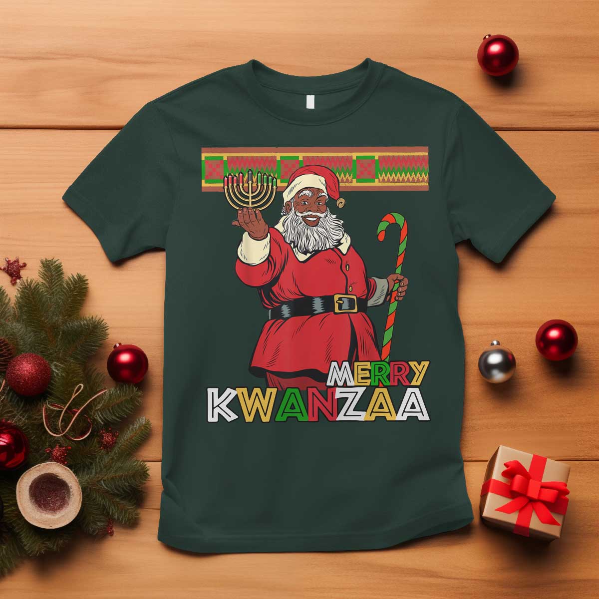 Funny Merry Kwanzaa Christmas T Shirt African American Holiday Black Santa Kinara Candles
