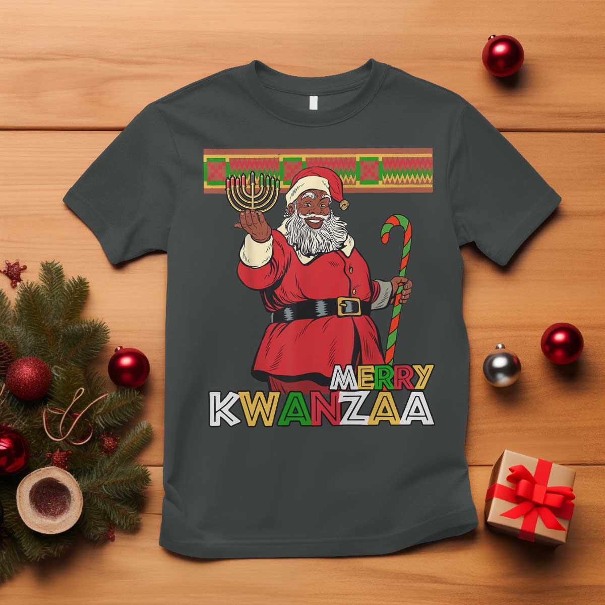 Funny Merry Kwanzaa Christmas T Shirt African American Holiday Black Santa Kinara Candles