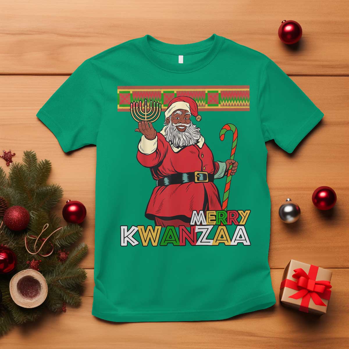Funny Merry Kwanzaa Christmas T Shirt African American Holiday Black Santa Kinara Candles