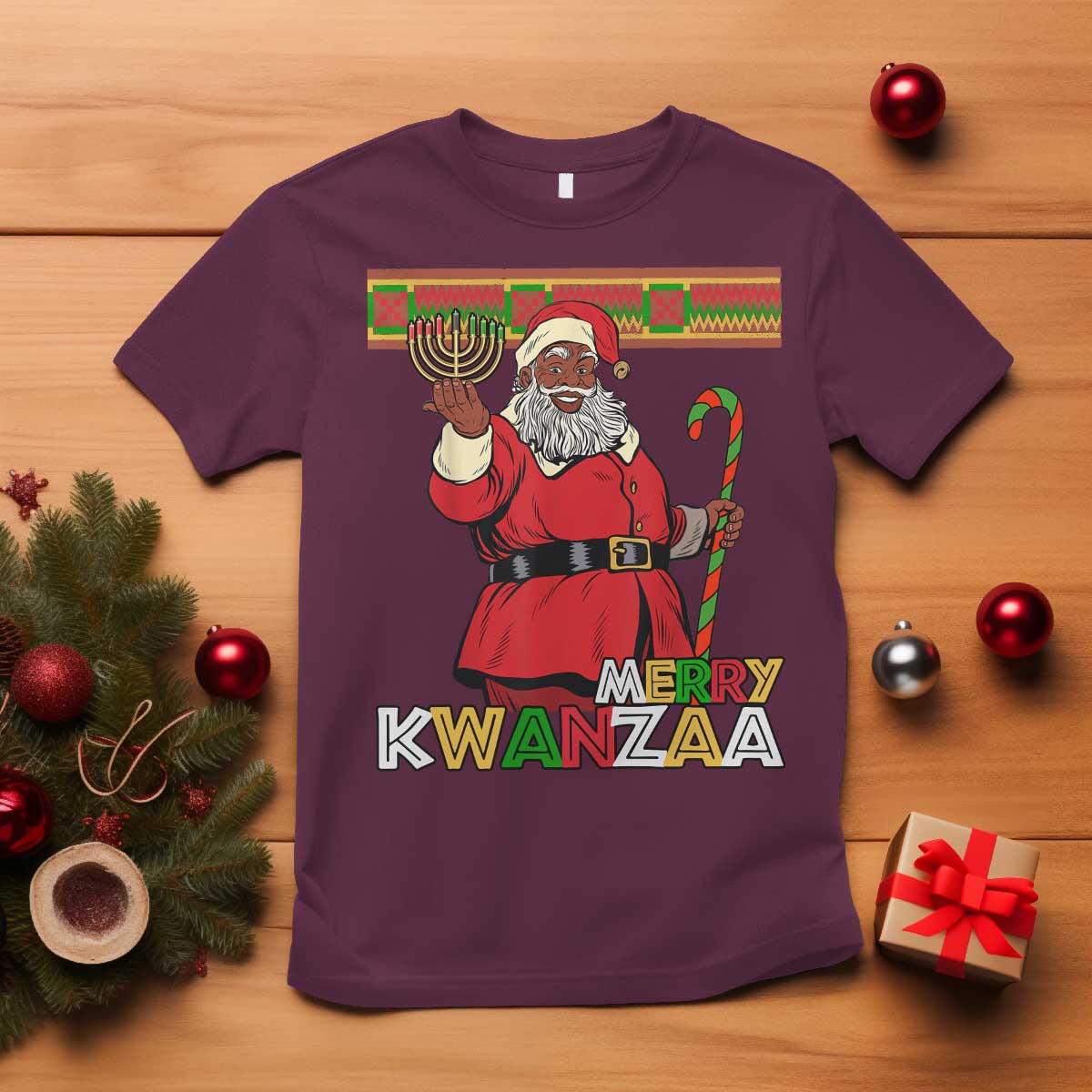 Funny Merry Kwanzaa Christmas T Shirt African American Holiday Black Santa Kinara Candles