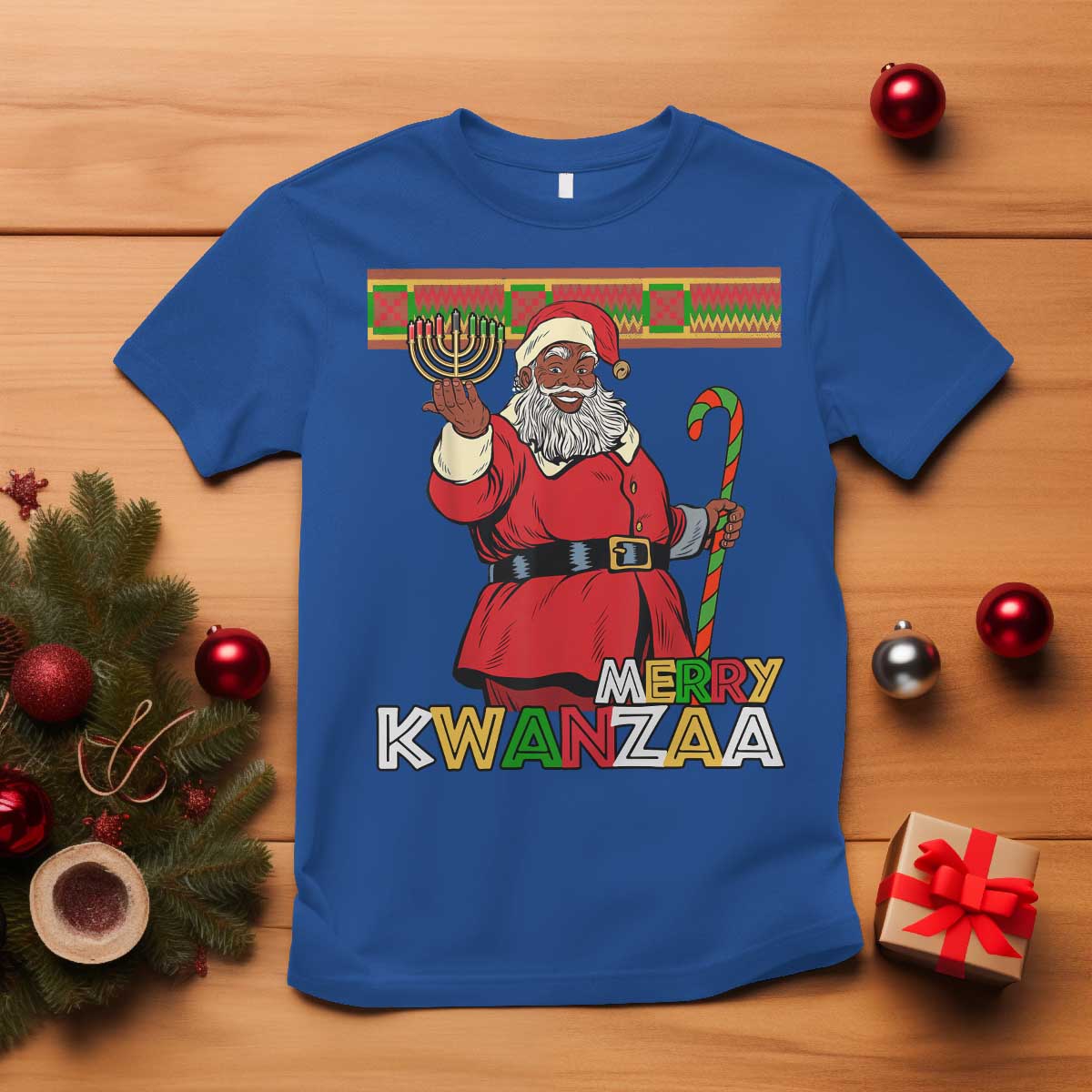 Funny Merry Kwanzaa Christmas T Shirt African American Holiday Black Santa Kinara Candles