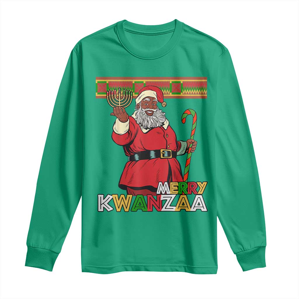Funny Merry Kwanzaa Christmas Long Sleeve Shirt African American Holiday Black Santa Kinara Candles