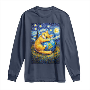 Earth Day Long Sleeve Shirt Starry Night Cat Hugging Earth