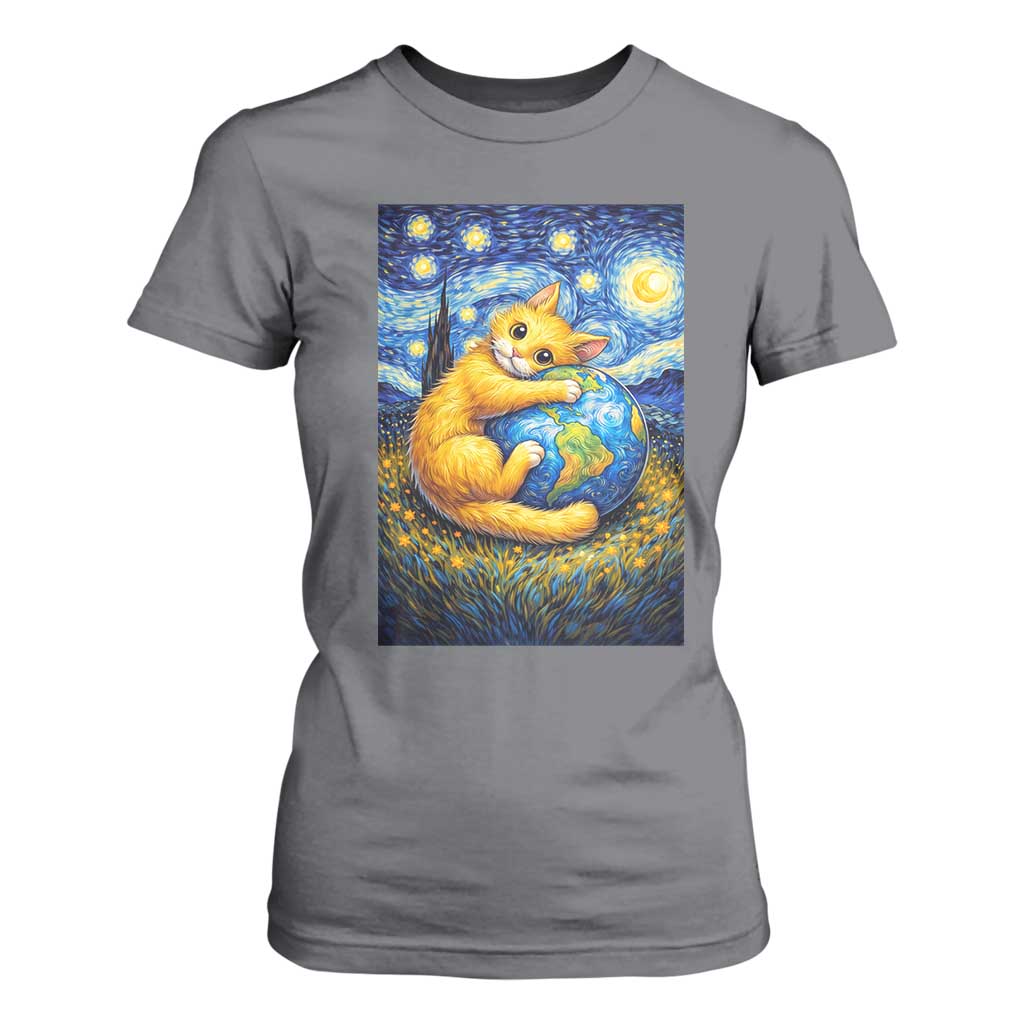 Earth Day T Shirt For Women Starry Night Cat Hugging Earth