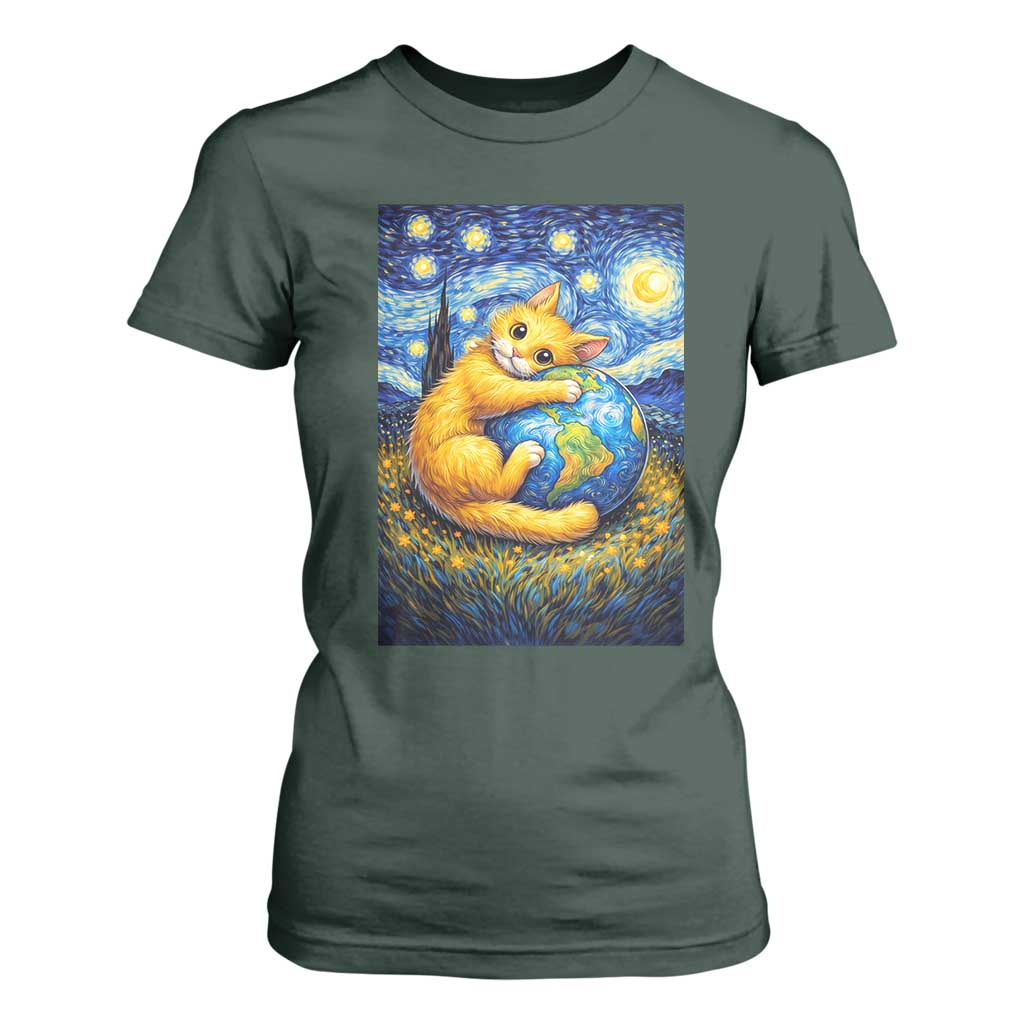 Earth Day T Shirt For Women Starry Night Cat Hugging Earth
