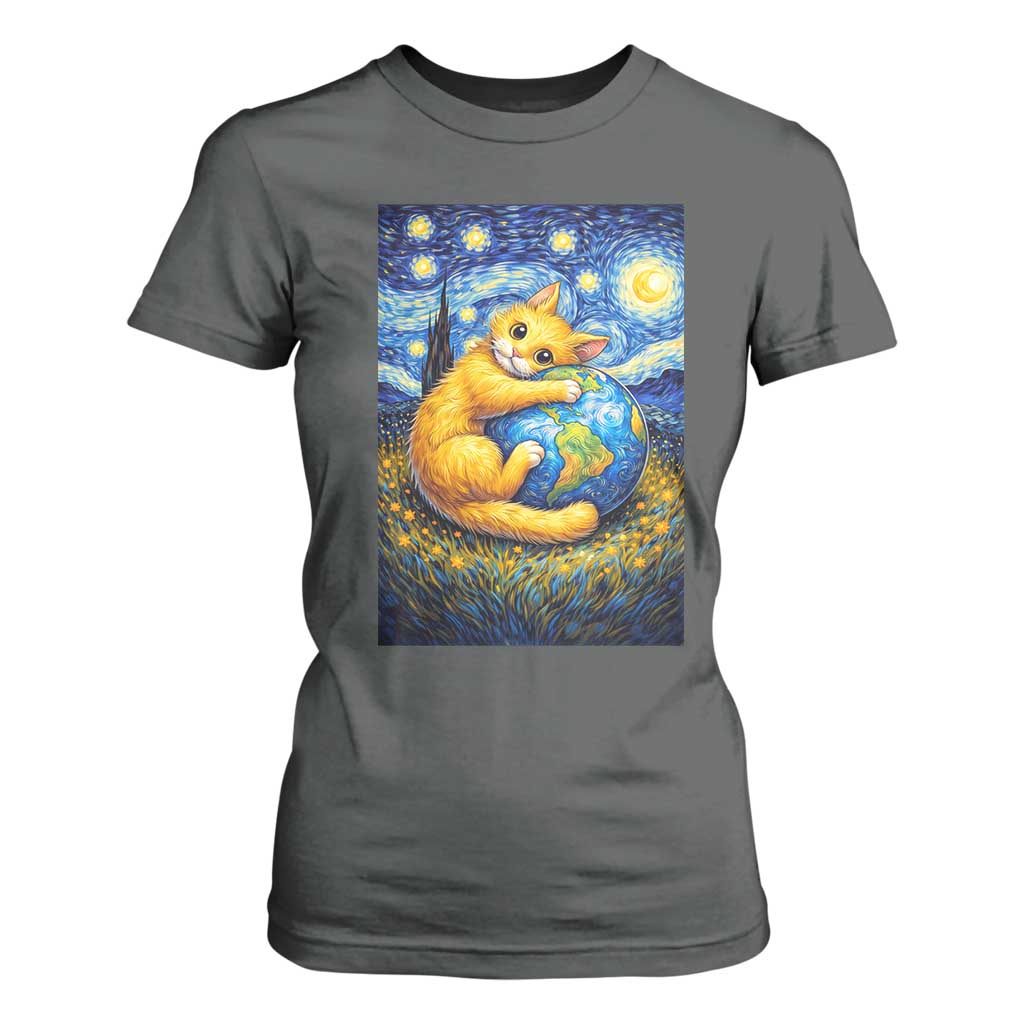 Earth Day T Shirt For Women Starry Night Cat Hugging Earth