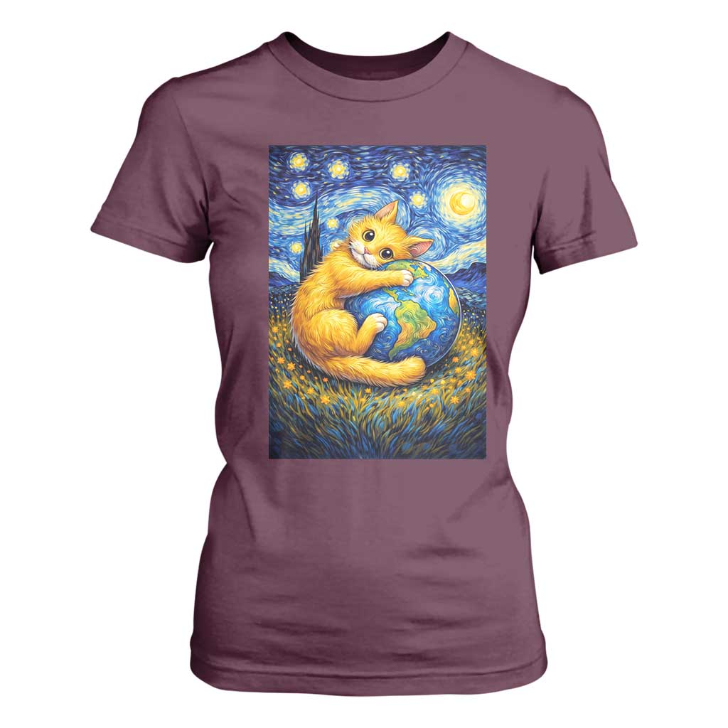 Earth Day T Shirt For Women Starry Night Cat Hugging Earth