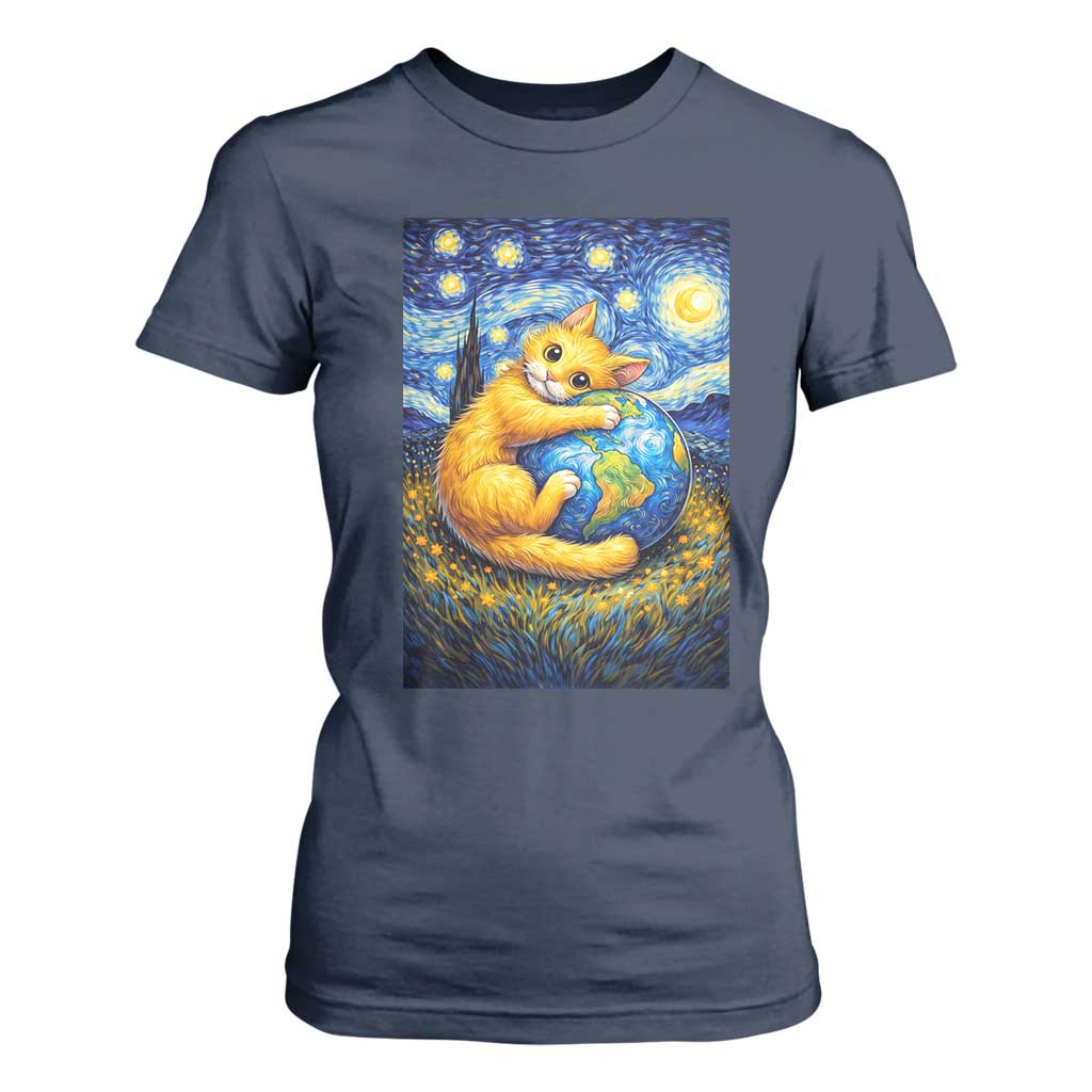 Earth Day T Shirt For Women Starry Night Cat Hugging Earth