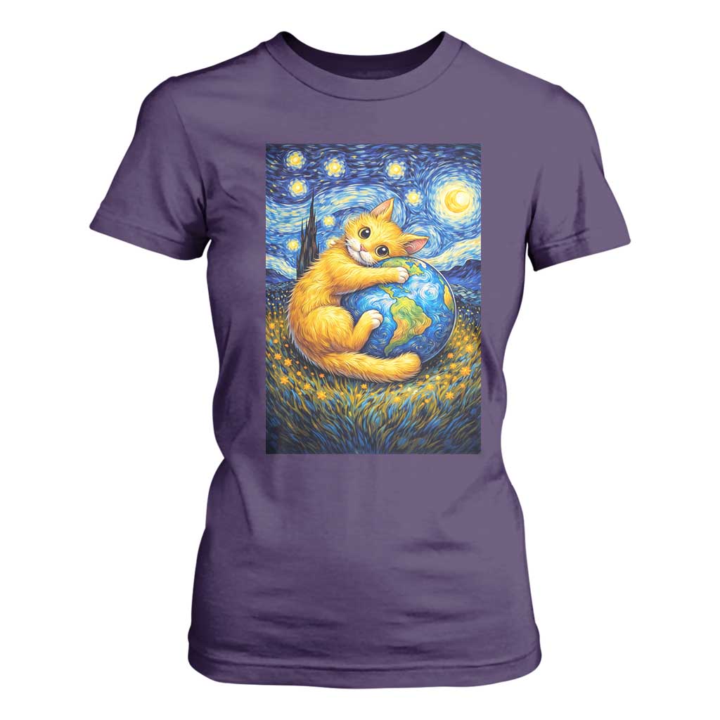 Earth Day T Shirt For Women Starry Night Cat Hugging Earth