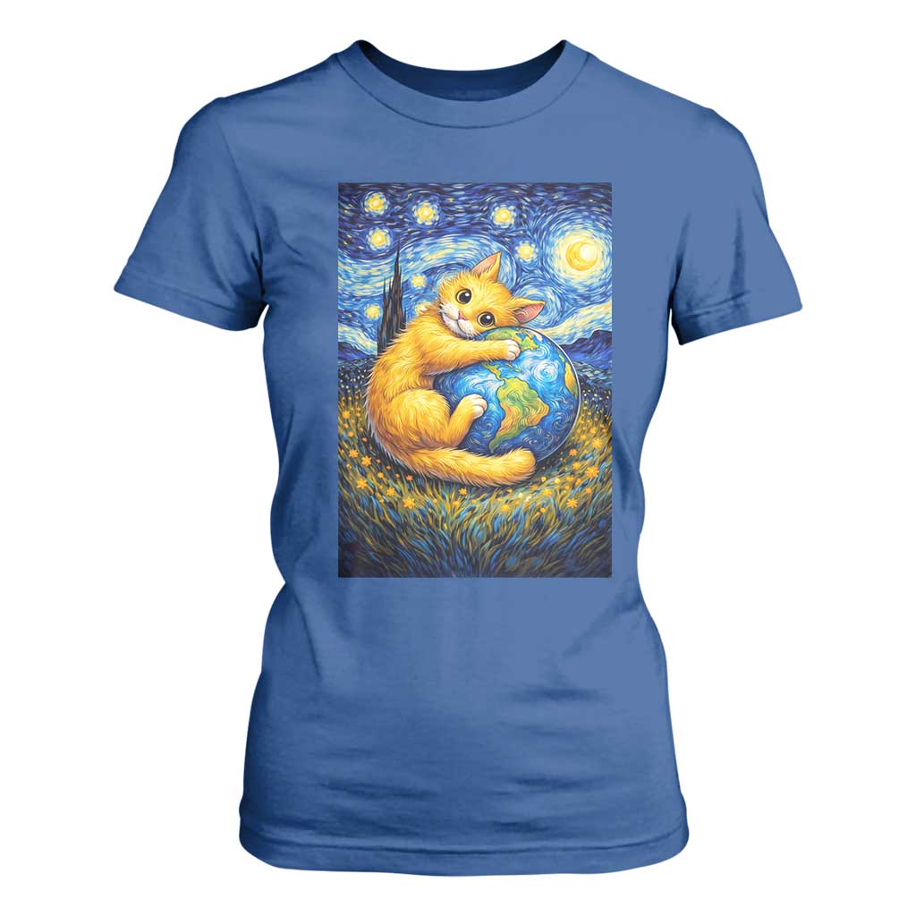 Earth Day T Shirt For Women Starry Night Cat Hugging Earth