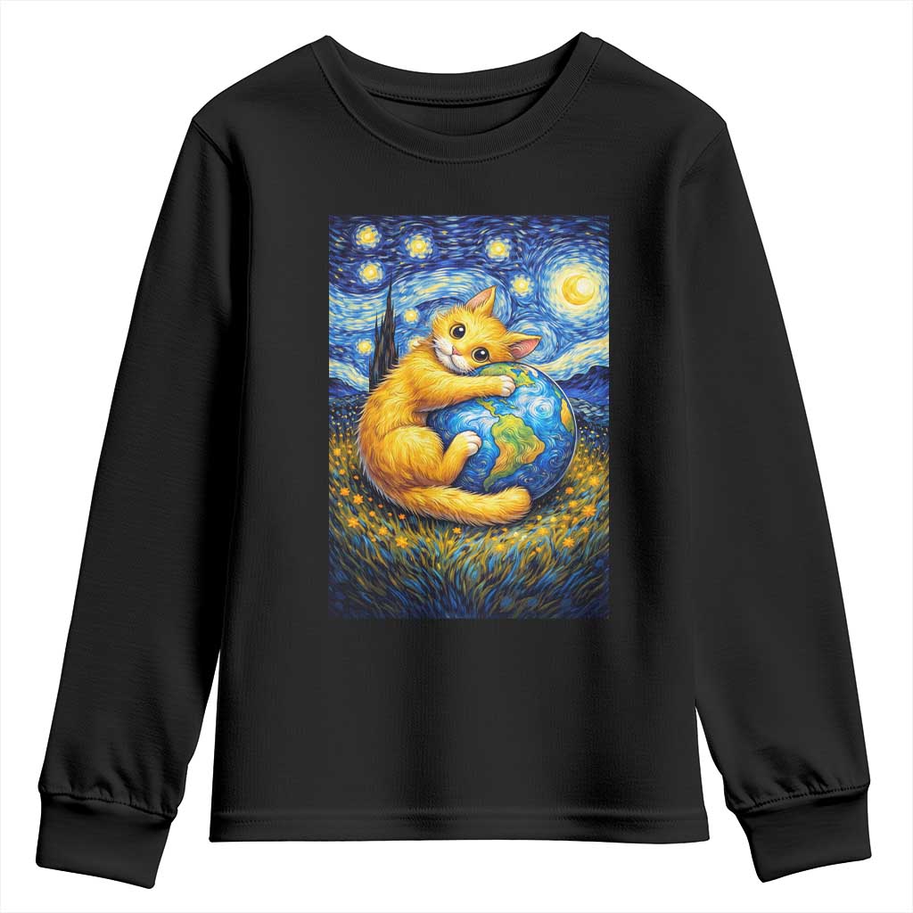 Earth Day Youth Sweatshirt Starry Night Cat Hugging Earth