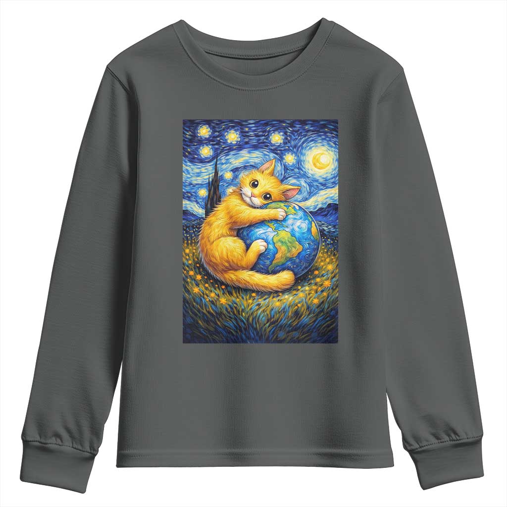 Earth Day Youth Sweatshirt Starry Night Cat Hugging Earth