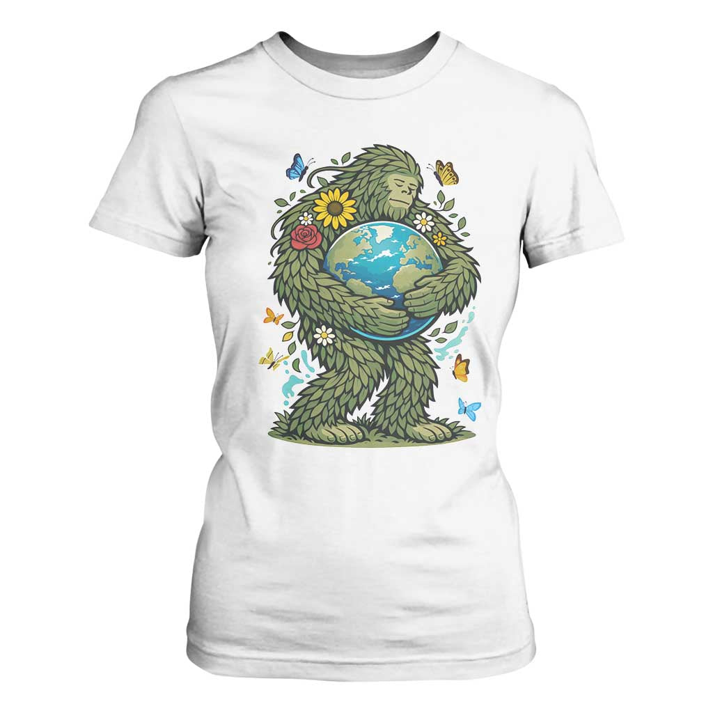 Floral Bigfoot Hugging Earth T Shirt For Women Cottagecore Nature Lover