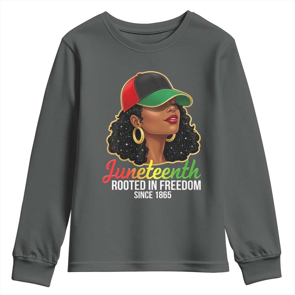 Black Woman Juneteenth Graphic Youth Sweatshirt Rooted In Freedom Since 1865