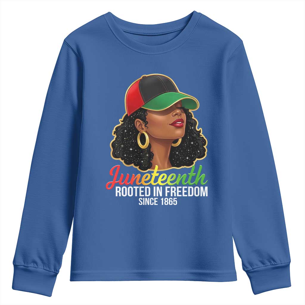 Black Woman Juneteenth Graphic Youth Sweatshirt Rooted In Freedom Since 1865
