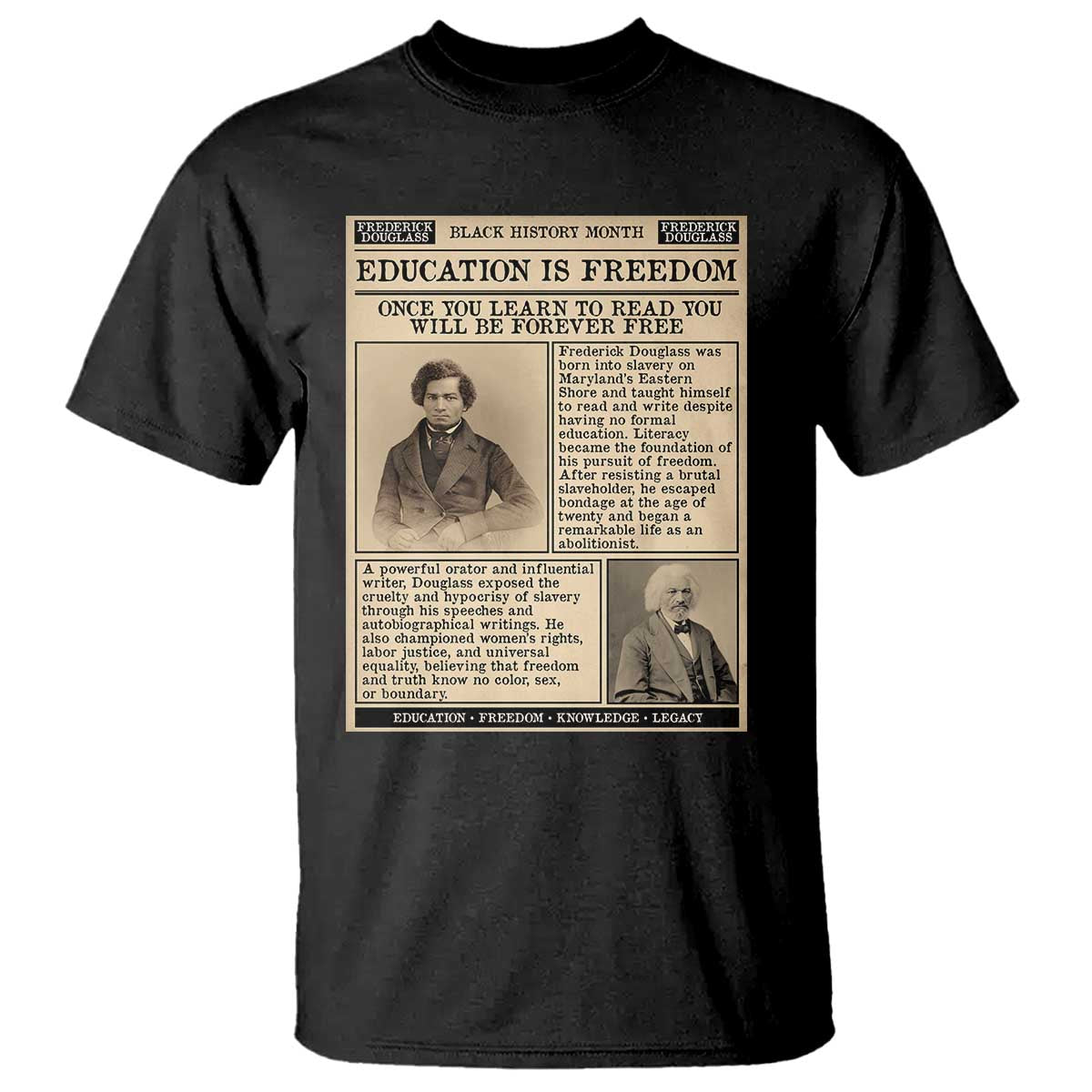 Education Is Freedom Newspaper T Shirt Frederick Douglass Black History Month Gift - African Pride