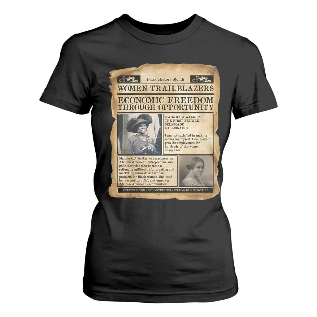 Madam CJ Walker Vintage Newspaper Style T Shirt For Women Economic Freedom Through Opportunity - African Pride