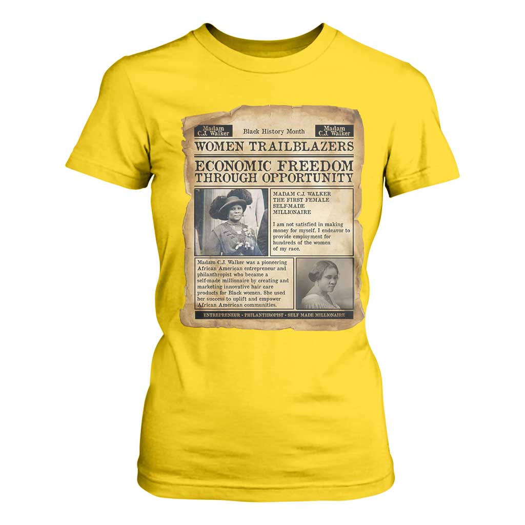 Madam CJ Walker Vintage Newspaper Style T Shirt For Women Economic Freedom Through Opportunity - African Pride