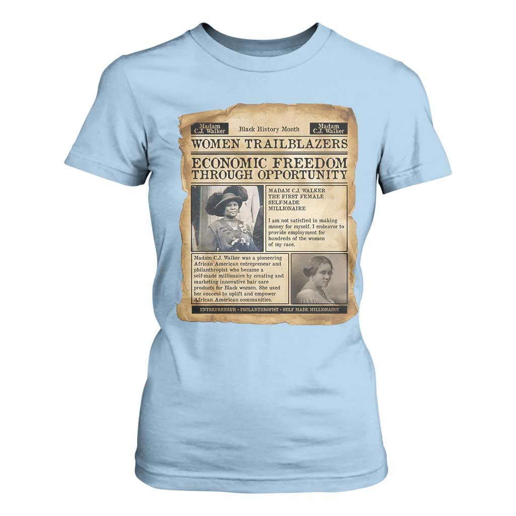 Madam CJ Walker Vintage Newspaper Style T Shirt For Women Economic Freedom Through Opportunity - African Pride