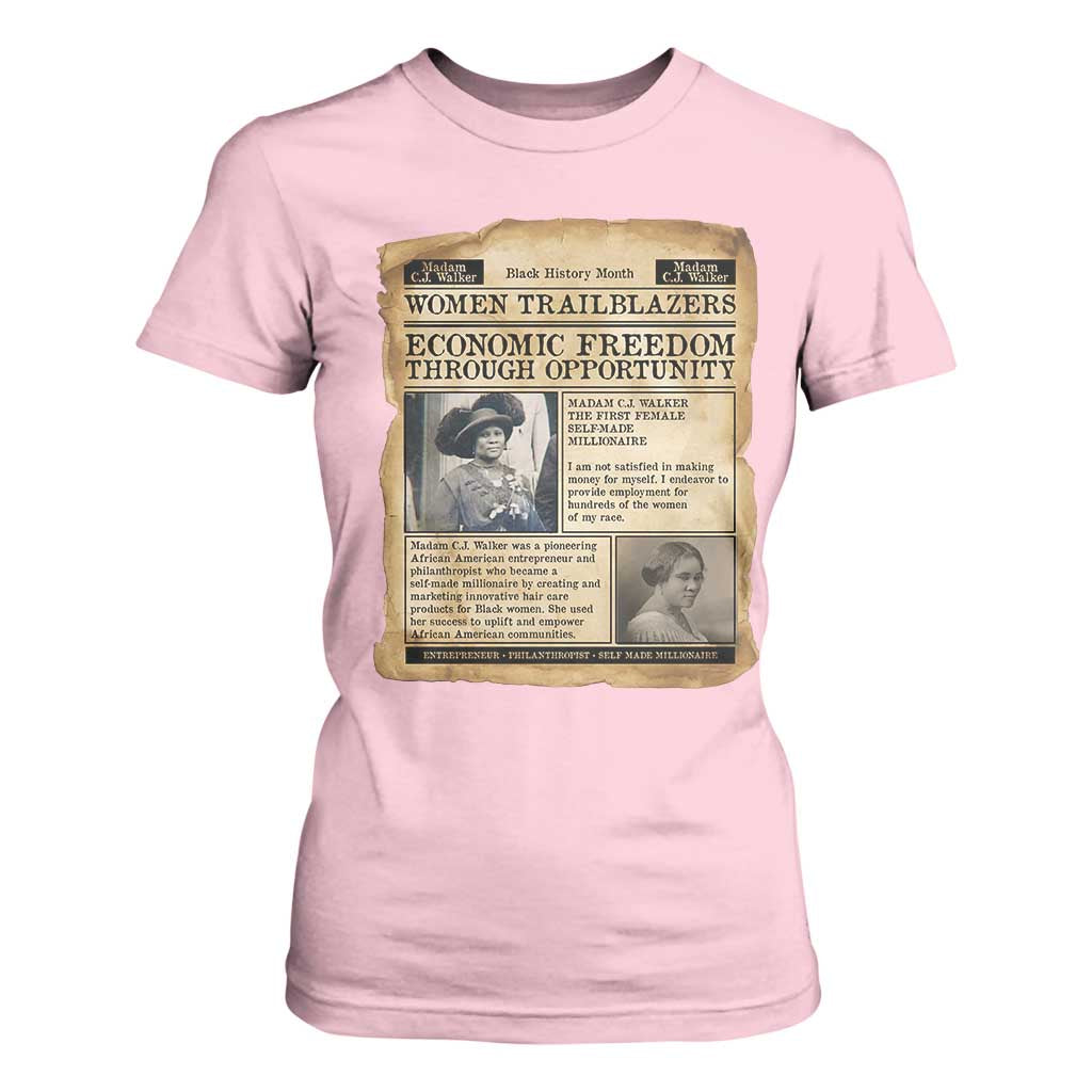Madam CJ Walker Vintage Newspaper Style T Shirt For Women Economic Freedom Through Opportunity - African Pride
