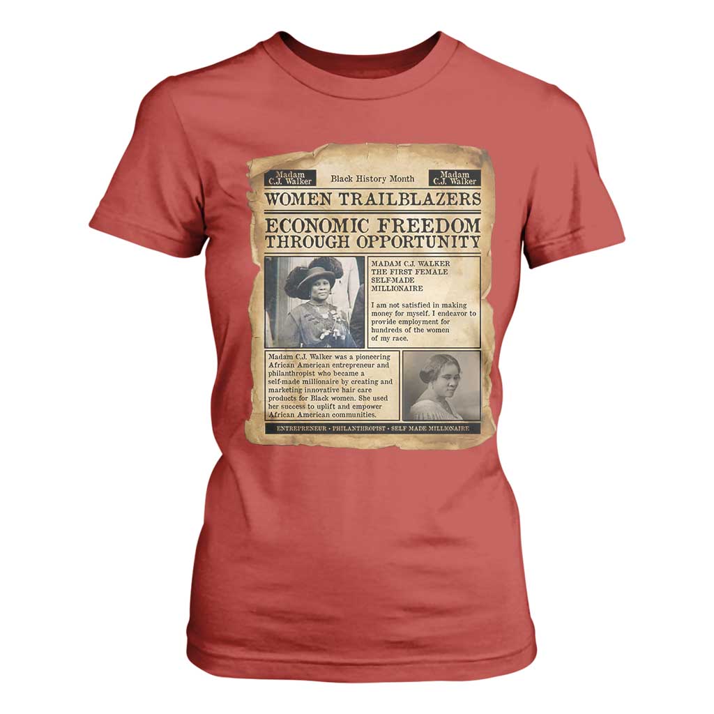 Madam CJ Walker Vintage Newspaper Style T Shirt For Women Economic Freedom Through Opportunity - African Pride