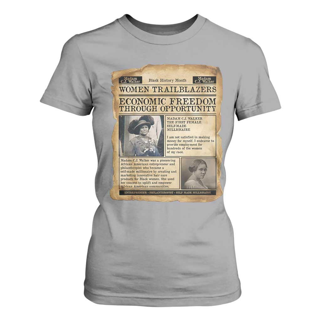 Madam CJ Walker Vintage Newspaper Style T Shirt For Women Economic Freedom Through Opportunity - African Pride