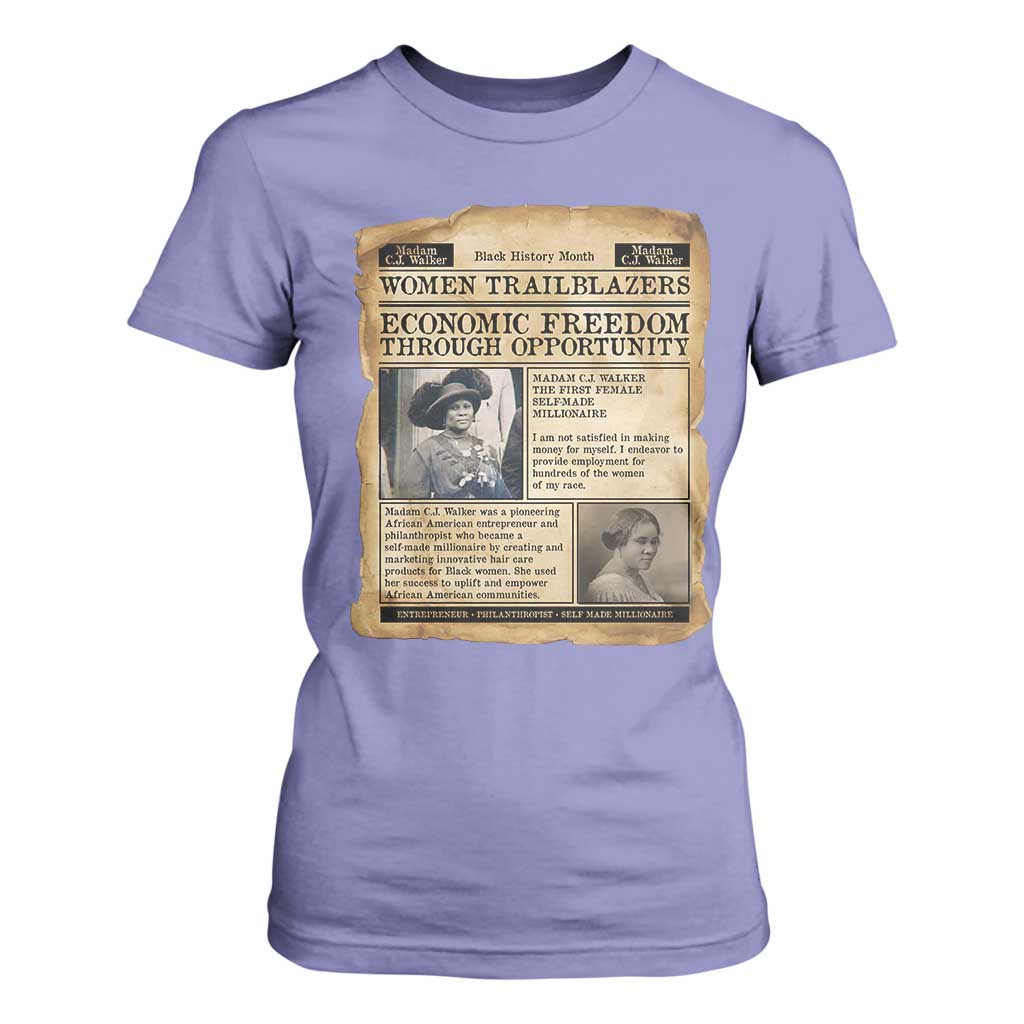 Madam CJ Walker Vintage Newspaper Style T Shirt For Women Economic Freedom Through Opportunity - African Pride