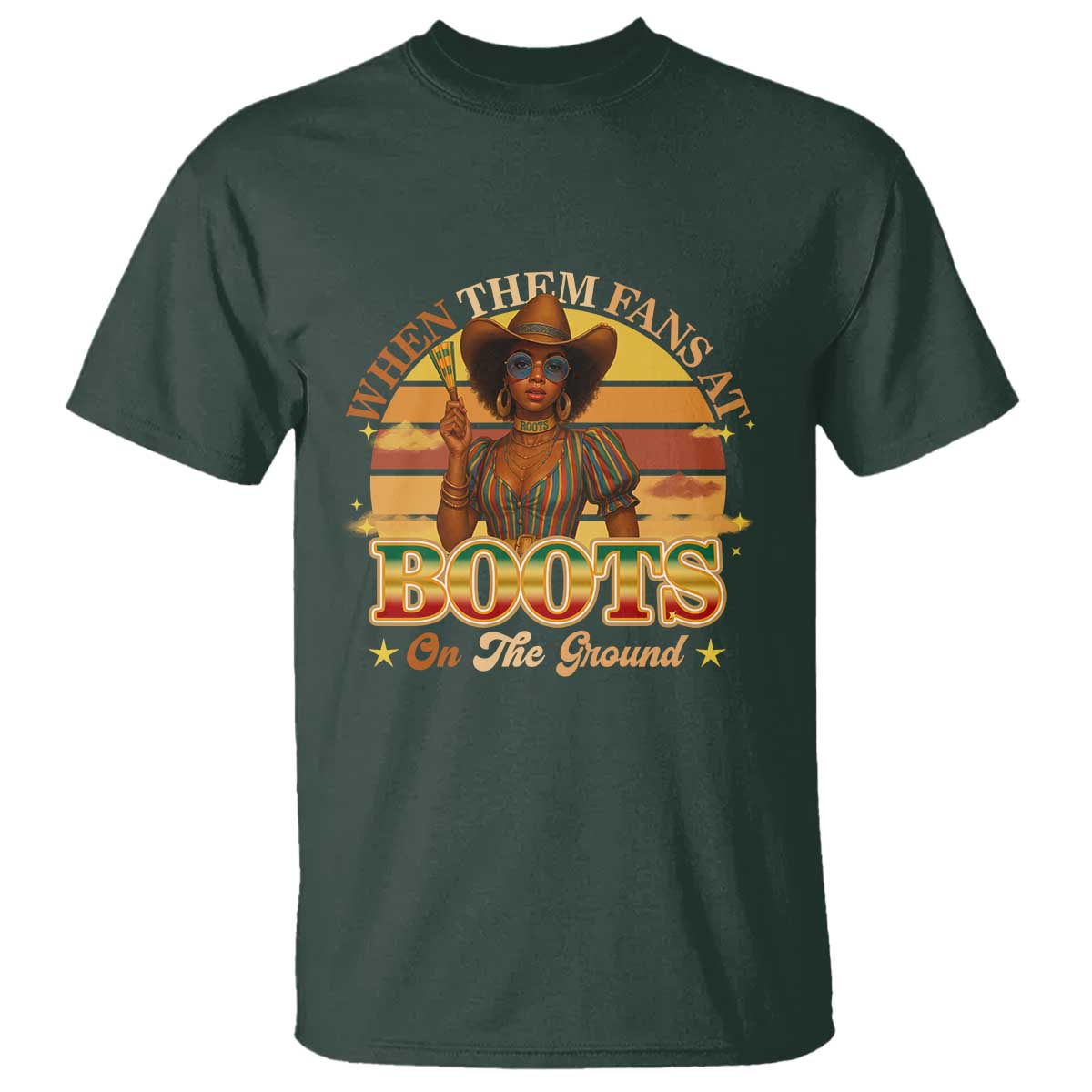 Black Cowgirl Afro Rodeo T Shirt Where Them Fans At Boots On Da Ground - African Pride