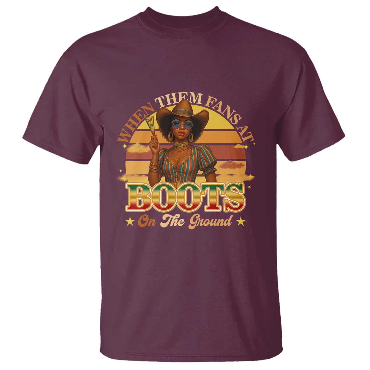 Black Cowgirl Afro Rodeo T Shirt Where Them Fans At Boots On Da Ground - African Pride