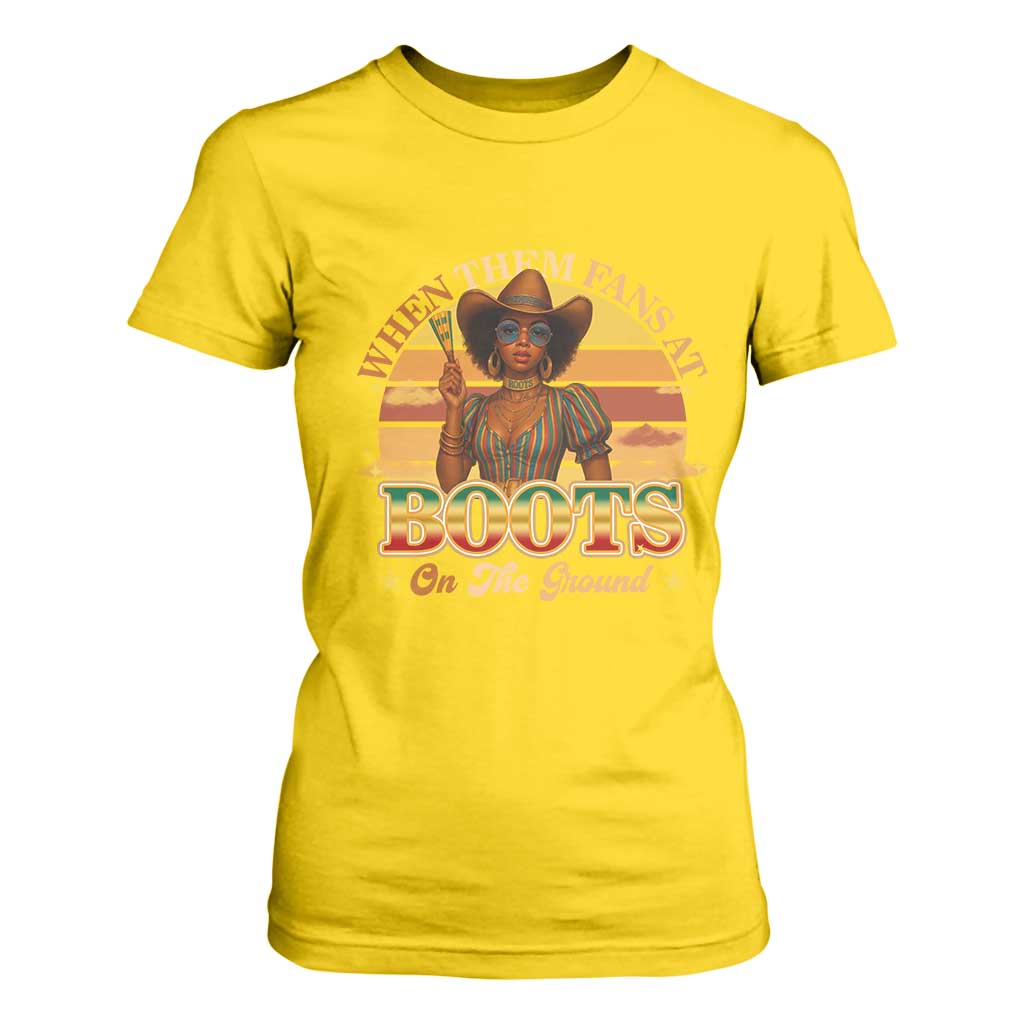 Black Cowgirl Afro Rodeo T Shirt For Women Where Them Fans At Boots On Da Ground - African Pride