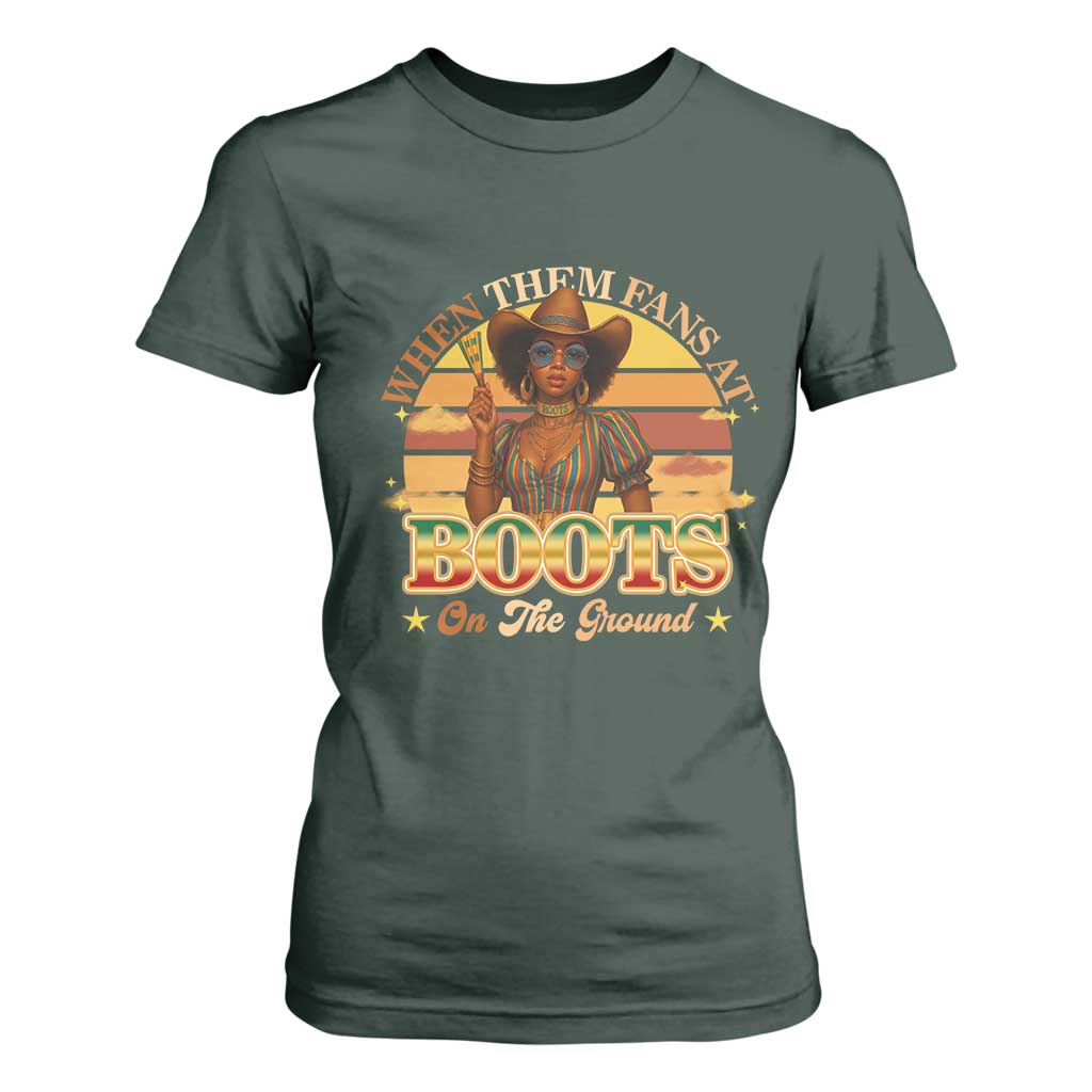 Black Cowgirl Afro Rodeo T Shirt For Women Where Them Fans At Boots On Da Ground - African Pride