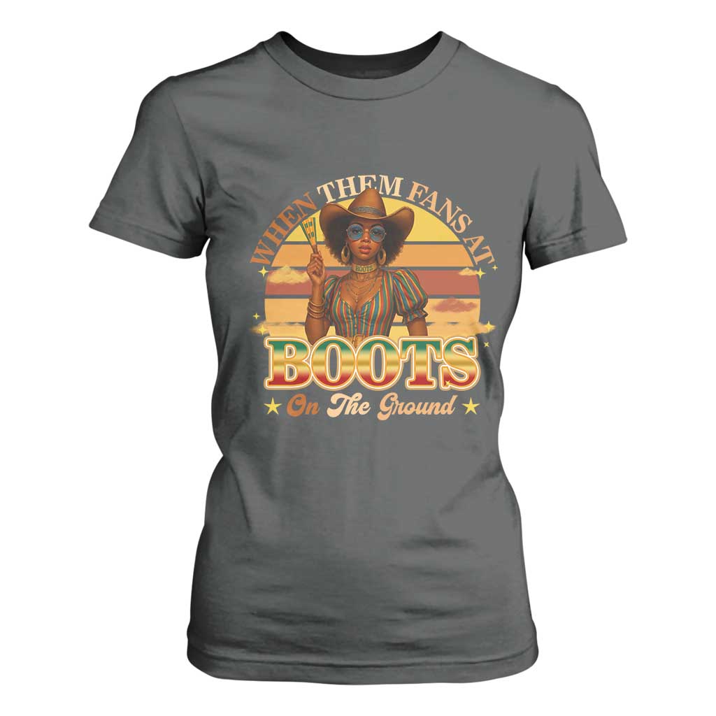 Black Cowgirl Afro Rodeo T Shirt For Women Where Them Fans At Boots On Da Ground - African Pride