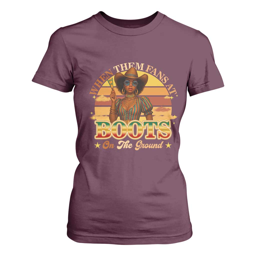 Black Cowgirl Afro Rodeo T Shirt For Women Where Them Fans At Boots On Da Ground - African Pride