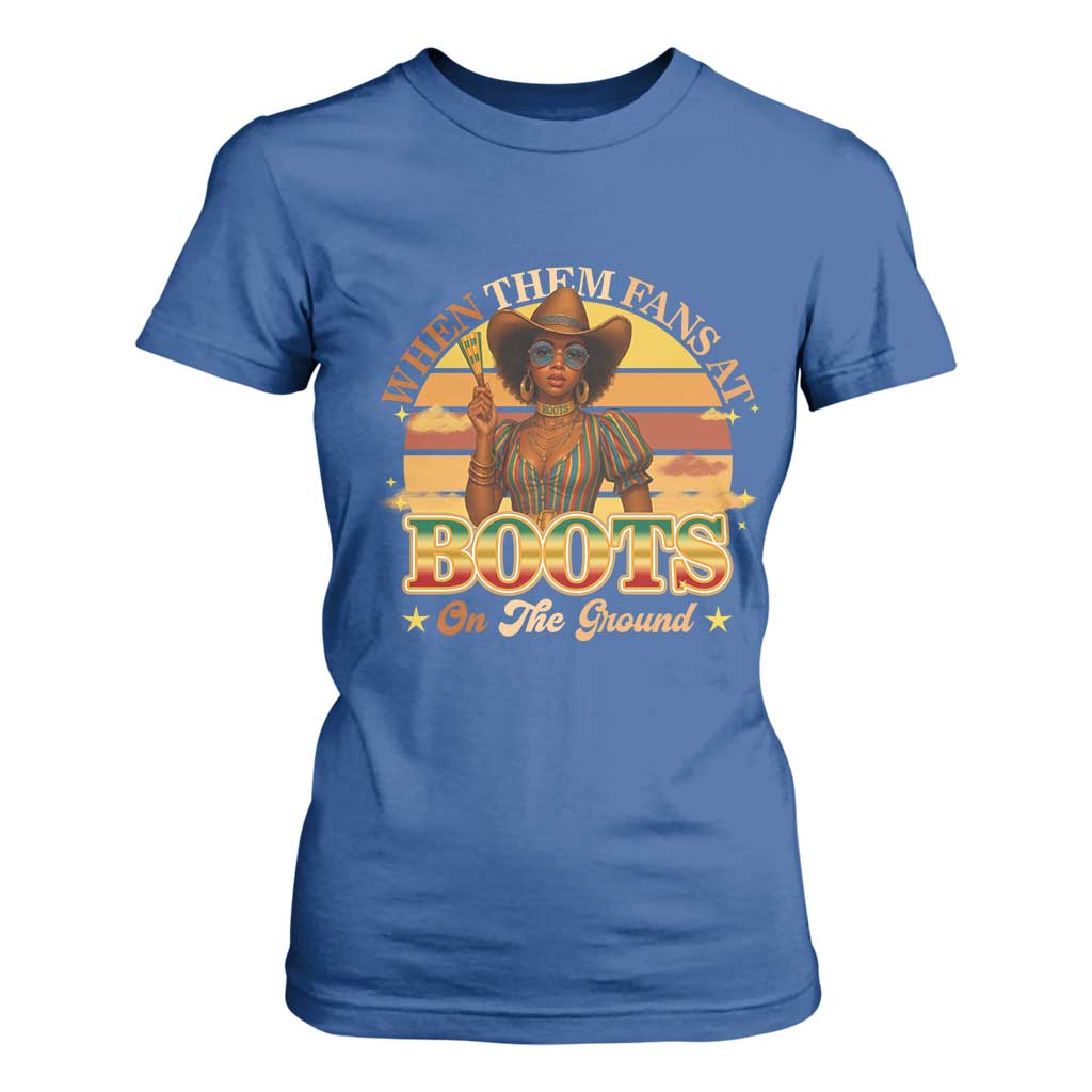 Black Cowgirl Afro Rodeo T Shirt For Women Where Them Fans At Boots On Da Ground - African Pride