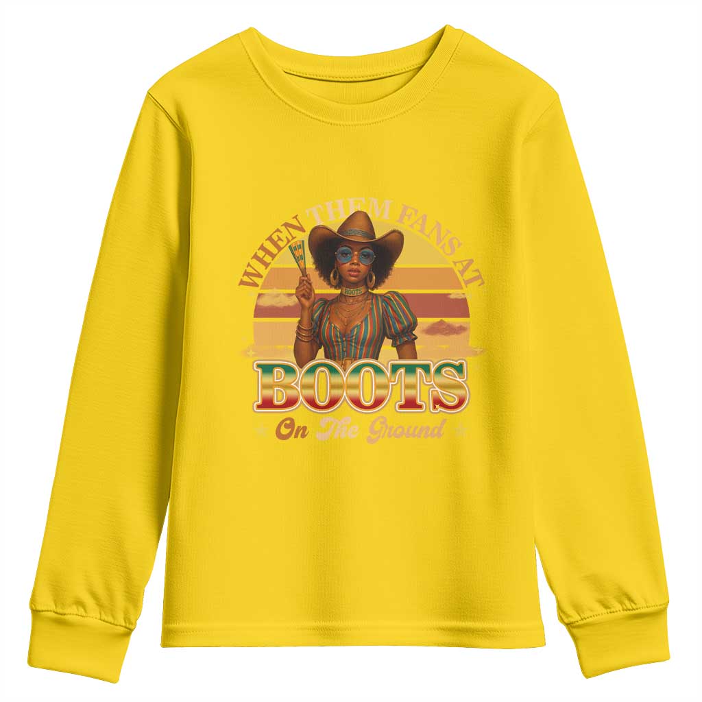 Black Cowgirl Afro Rodeo Youth Sweatshirt Where Them Fans At Boots On Da Ground - African Pride